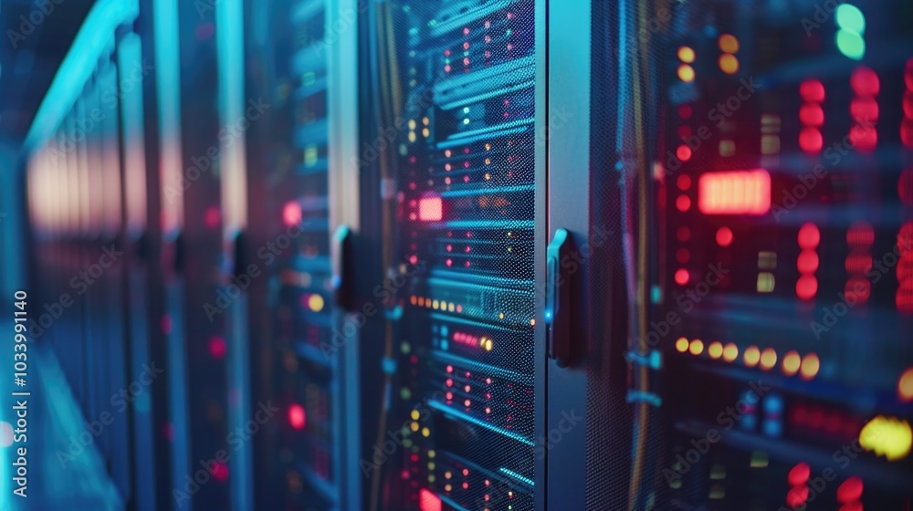Poster Rack-mounted servers in a server room setting