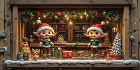 A couple of elves standing in front of a window decorated for Christmas