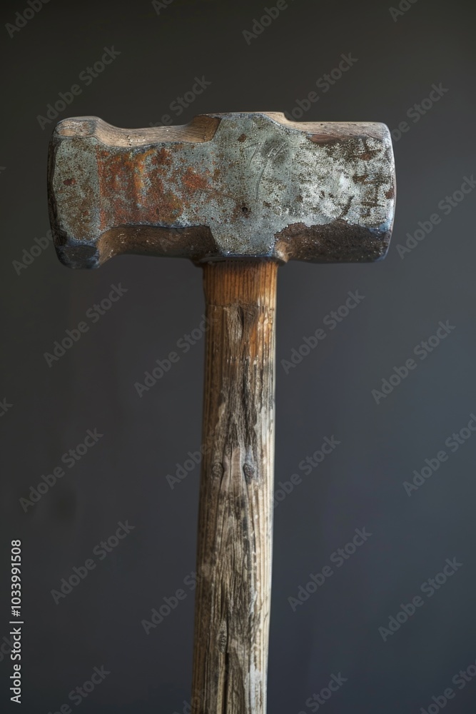 Poster a hammer resting on top of a wooden block, ready for use