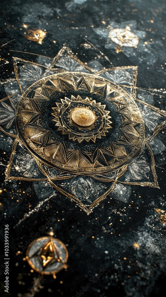 Wall mural a stunning mandala design featuring intricate patterns and golden details, set against a dark, cosmi