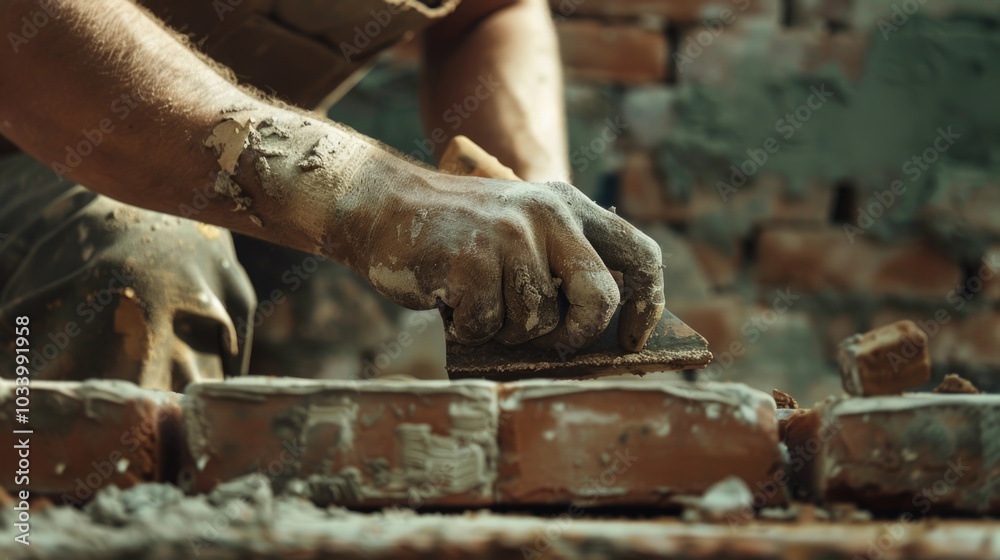 Poster a person constructing a brick wall, possibly as part of a building or renovation project