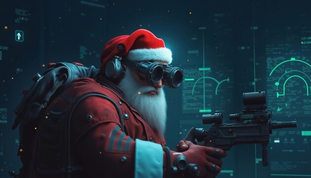 A man dressed as Santa Claus holding a sniper rifle - Powered by Adobe