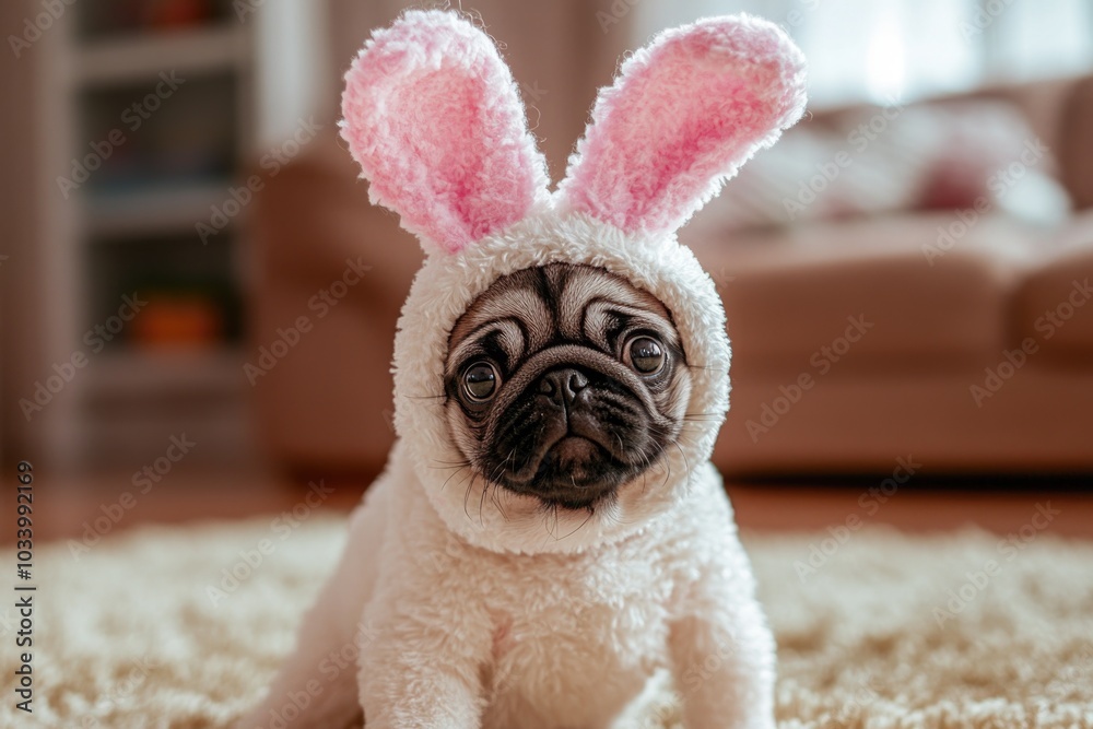 Poster A small pug dog dressed up as a bunny for a fun occasion