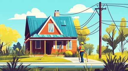 Colorful house with worker in front, vibrant landscape in background.