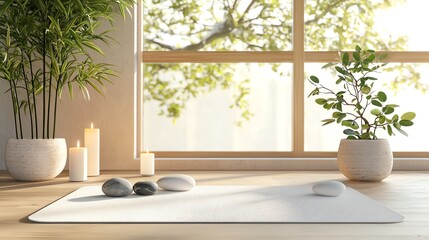 Yoga mat with plants, candles, and healing stones, peaceful natural healing space, 3D illustration