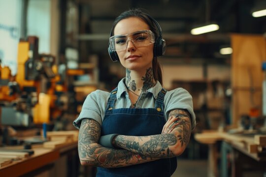 A woman wearing tattoos and headphones stands in a workshop, possibly an artist or musician