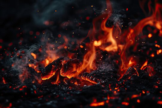 Close-up view of glowing embers and vibrant flames, illustrating the intense heat and dynamic movement of fire.