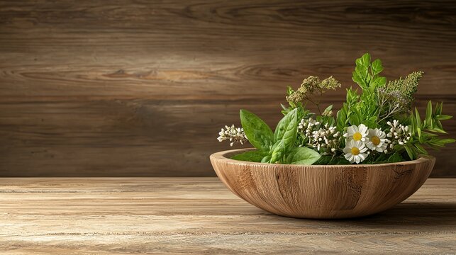 Wooden bowl filled with healing herbs, plants, and essential oils, 3D illustration