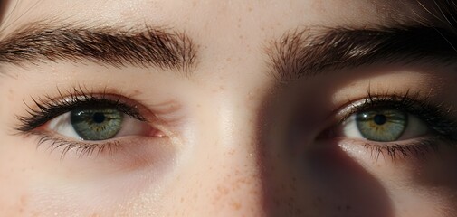 Fototapeta premium Closeup of a young woman with freckled skin, blue eyes, and soft lips, showcasing natural beauty and a fresh, glowing complexion