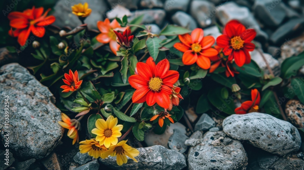 Sticker Vibrant flowers in shades of red, orange, and yellow bloom among smooth stones, creating beautiful contrast in nature. This scene captures essence of lively garden