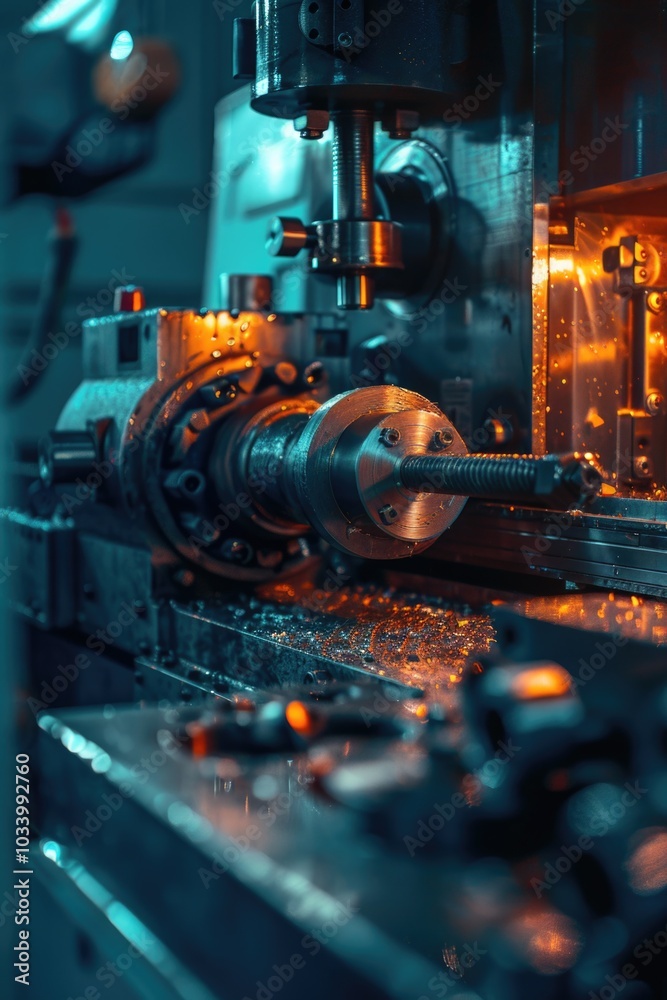 Poster a machine is performing its function on a piece of metal, possibly in an industrial setting