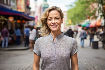 Fototapeta premium Portrait of a glad woman in her 40s donning a classy polo shirt isolated on vibrant market street background