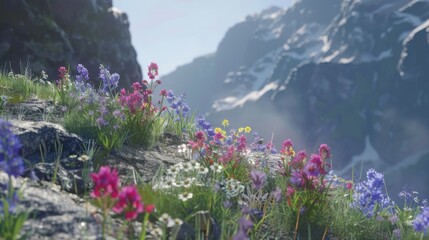 Lush wildflowers bloom vibrantly on rocky terrain, surrounded by majestic mountains. scene captures beauty of nature, evoking sense of tranquility and wonder