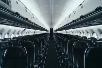 Fototapeta premium Empty airplane cabin with panoramic windows, clear skies outside, representing tranquility, space, and minimalist air travel interiors