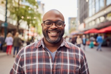 Obraz premium Portrait of a grinning afro-american man in his 40s dressed in a relaxed flannel shirt while standing against vibrant market street background