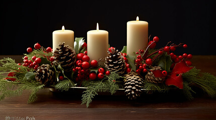 A holiday centerpiece with candles and pinecones