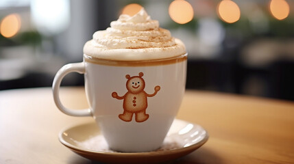 A holiday themed latte with a whipped cream