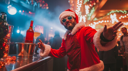 A man dressed as Santa Claus at a bar with a glass of wine