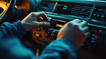 A person holding a radio while driving a car, great for travel or transportation themed projects