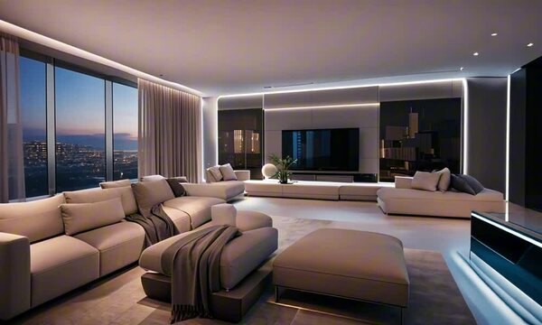 sleek modern living room interior with a skyline city view out the window