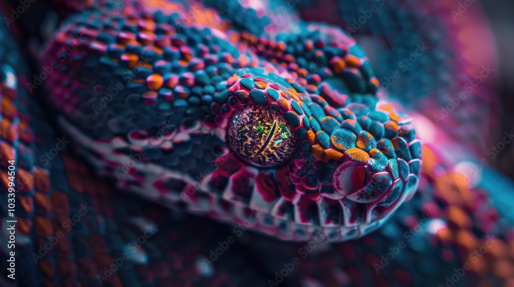 Poster Close-up of a colorful snake's head with vibrant scales and sharp fangs
