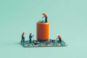 Miniature workers fixing a circuit board with an orange capacitor on a solid background.