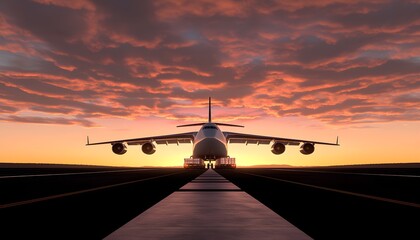 Cargo plane being loaded on a runway at sunrise, global shipping and aviation industry concept, soft clouds and warm light, logistics focus