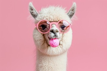 Fototapeta premium Cute lama alpaca with bubblegum in trendy pink sunglasses, isolated on pink background with copyspace. Generative AI