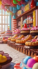 A vibrant display of delicious pastries decorated with colorful frosting and surrounded by playful candy decorations.