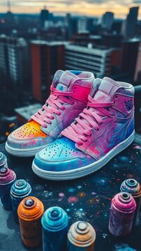 Colorful custom sneakers on rooftop.