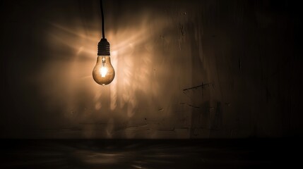 Dark empty room with single flickering light bulb casting long shadows, emphasizing absence of power and eerie atmosphere, minimalist setting with focus on light bulb's glow.