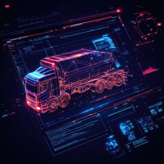 Futuristic digital truck model displayed on a high-tech interface, blending technology and transportation concepts.