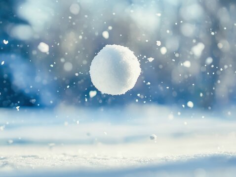 A snowball is in mid-air against a blurred winter background, creating a scene of fun and chilly excitement in the crisp, frosty air.