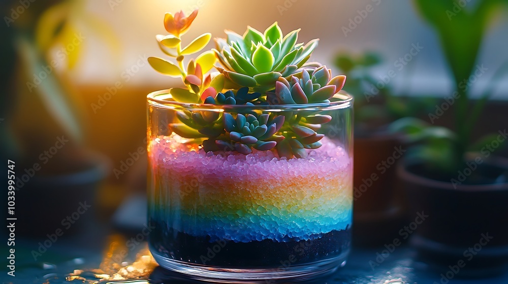 Wall mural A beautiful glass jar terrarium featuring layered colored sand in shades of blue, pink, and yellow, with vibrant green succulents planted on top, soft sunlight shining through the glass,