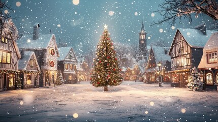 Charming village square during snowfall featuring a decorated Christmas tree, surrounded by quaint, illuminated cottages and festive lights.