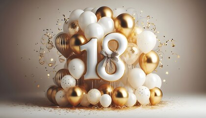 18 Balloon number 18th for birthday anniversary party gold foil balloon greeting with cute cake background 18.