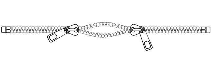 Horizontal zipper with two sliders, slightly ajar. Half open zipper clasp - vector linear picture for coloring © Hanna