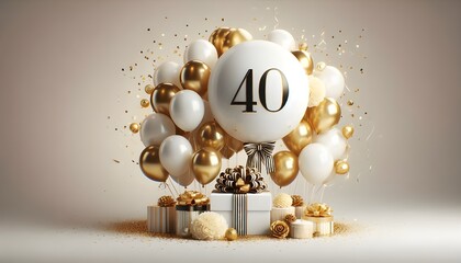 40th Balloon number 40 for birthday anniversary party gold foil balloon greeting with cute cake background.