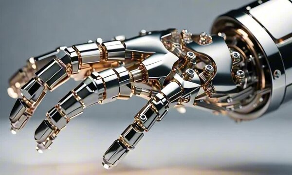 3d robotic hand with fingers made of iridescent material and light refracting through them on a white background - Powered by Adobe