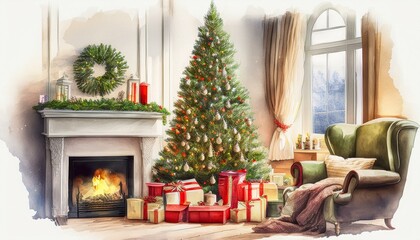 Obraz premium 水彩タッチのクリスマスツリーとプレゼントメインのクリスマス背景イラスト
