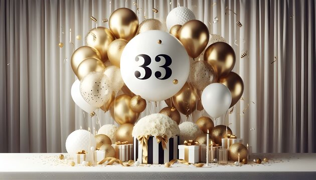 33 Balloon number 33th for birthday anniversary party gold foil balloon greeting with cute cake background.