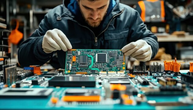 A skilled technician assembles a circuit board in a modern electronics workshop showcasing precision and expertise in technology development