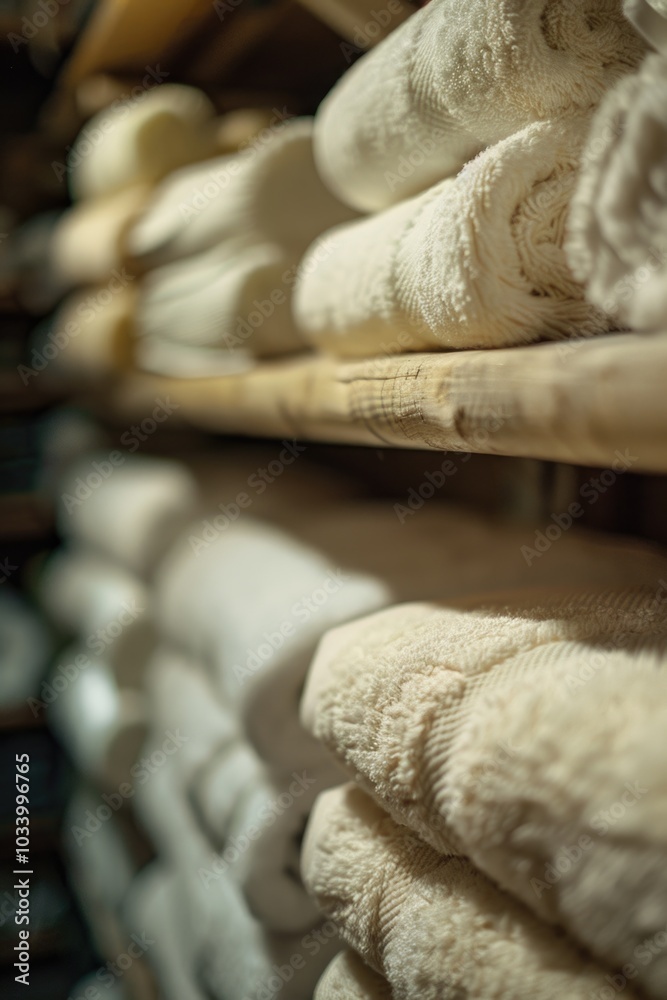 Wall mural A simple scene of towels stacked on a wooden shelf