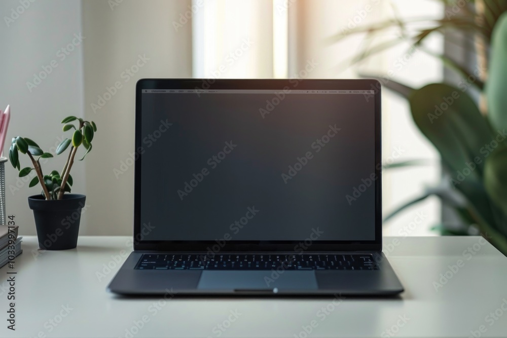 Aufkleber laptop computer placed on a white desk, ideal for workspace or office settings