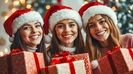 Three women in santa hats holding presents in front of a christmas tree