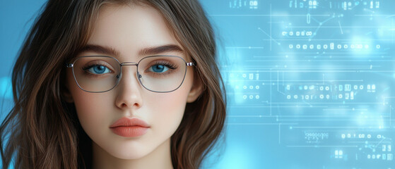A close-up portrait of a woman with glasses, set against a digital background with codes and technology elements.
