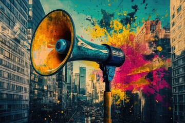 Megaphone on a city street with vibrant paint splatters, ideal for events or public announcements