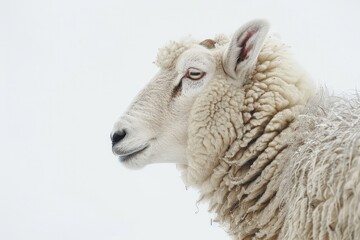 Obraz premium A close-up shot of a sheep standing in a snowy environment, providing an intimate view of its woolly coat