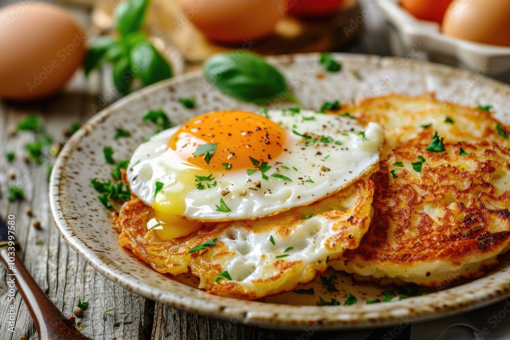 Wall mural A plate of breakfast with scrambled eggs on top, served with various accompaniments