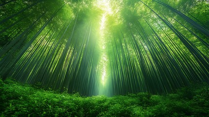 Fototapeta premium A sunbeam shines through a dense bamboo forest, creating a mystical and serene atmosphere.